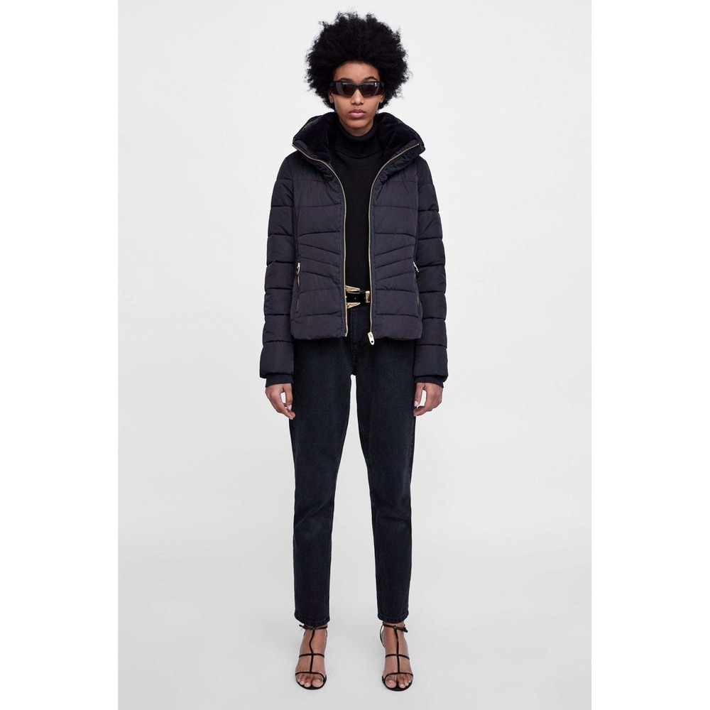 Zara Black Puffer Jacket M Hidden Hood Faux Fur Lined Quilted Coat Winter Jacket